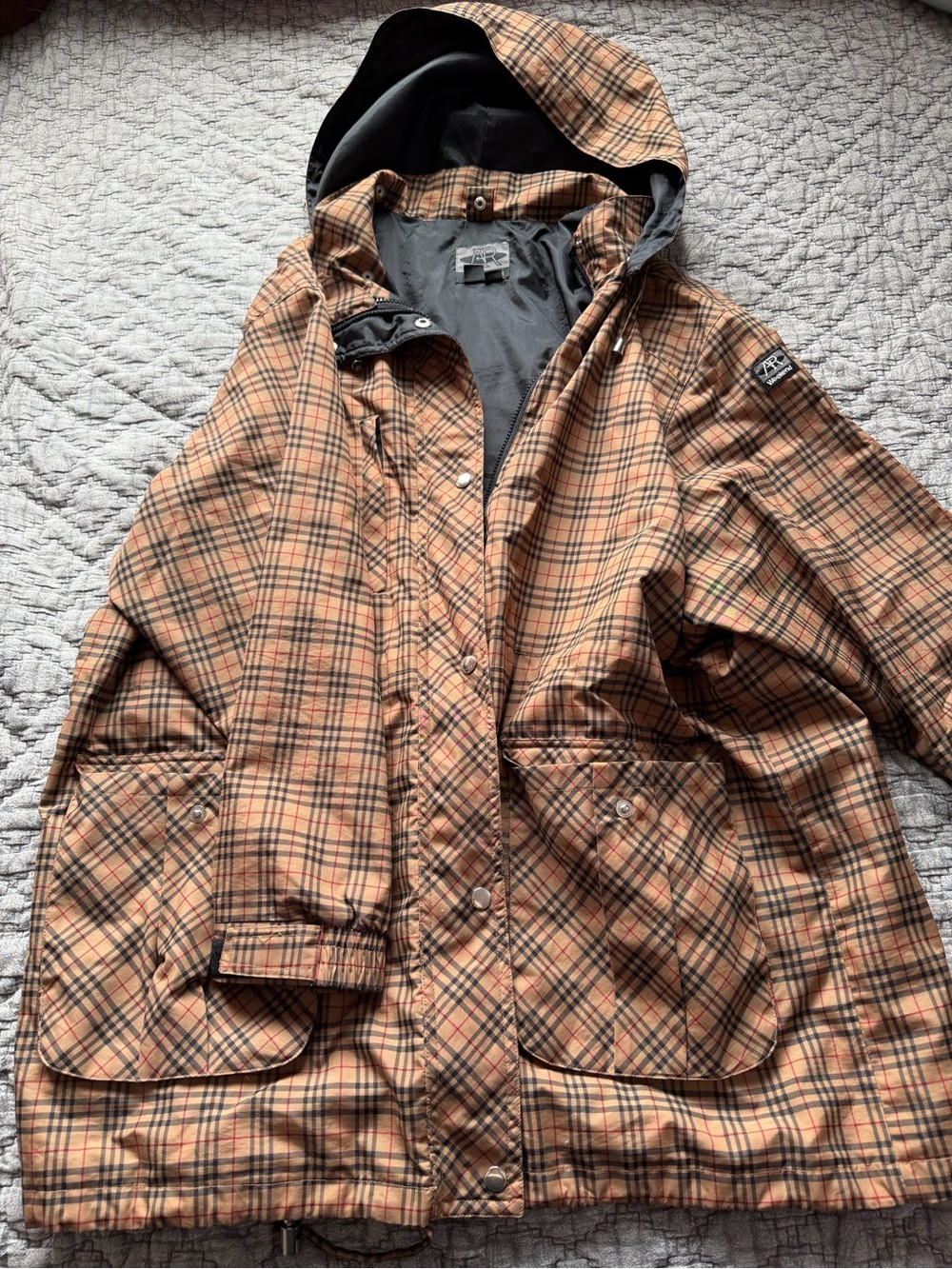 Plaid Hooded Parka Jacket in Tan - Unbranded